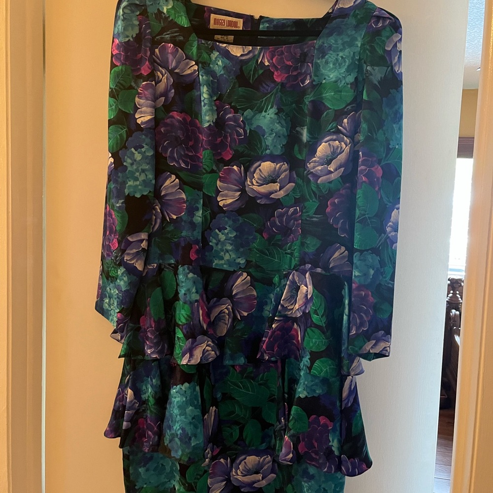 Vintage blue/green floral 100% silk dress with two-tier ruffled skirt.